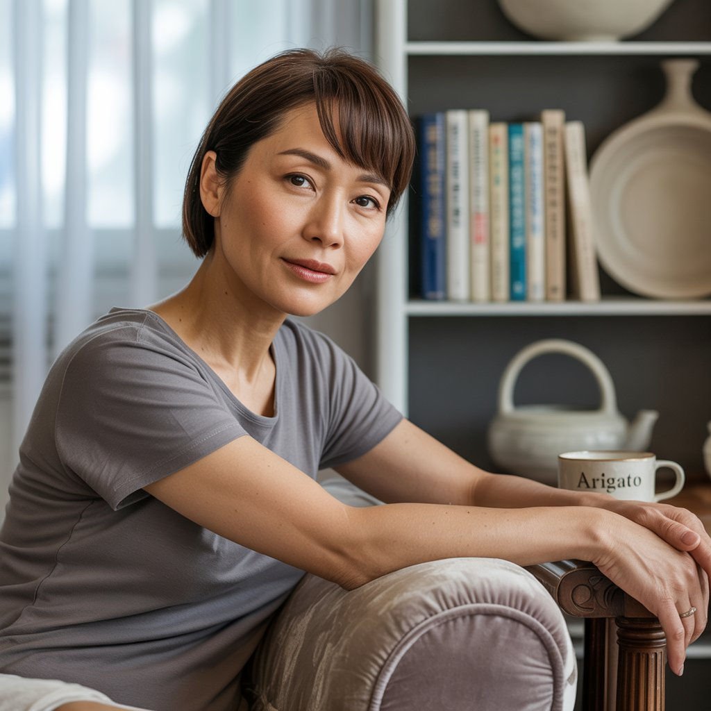 リアルで感情豊かな日本人AI彼女が微笑んでいるバーチャル恋人のイメージ