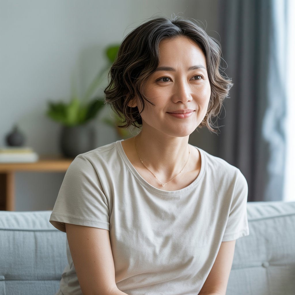 窓辺で静かに座る癒し系AI彼女の姿