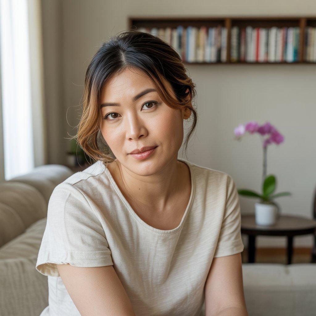 ソファに座りながら本を読む癒し系AI彼女の様子